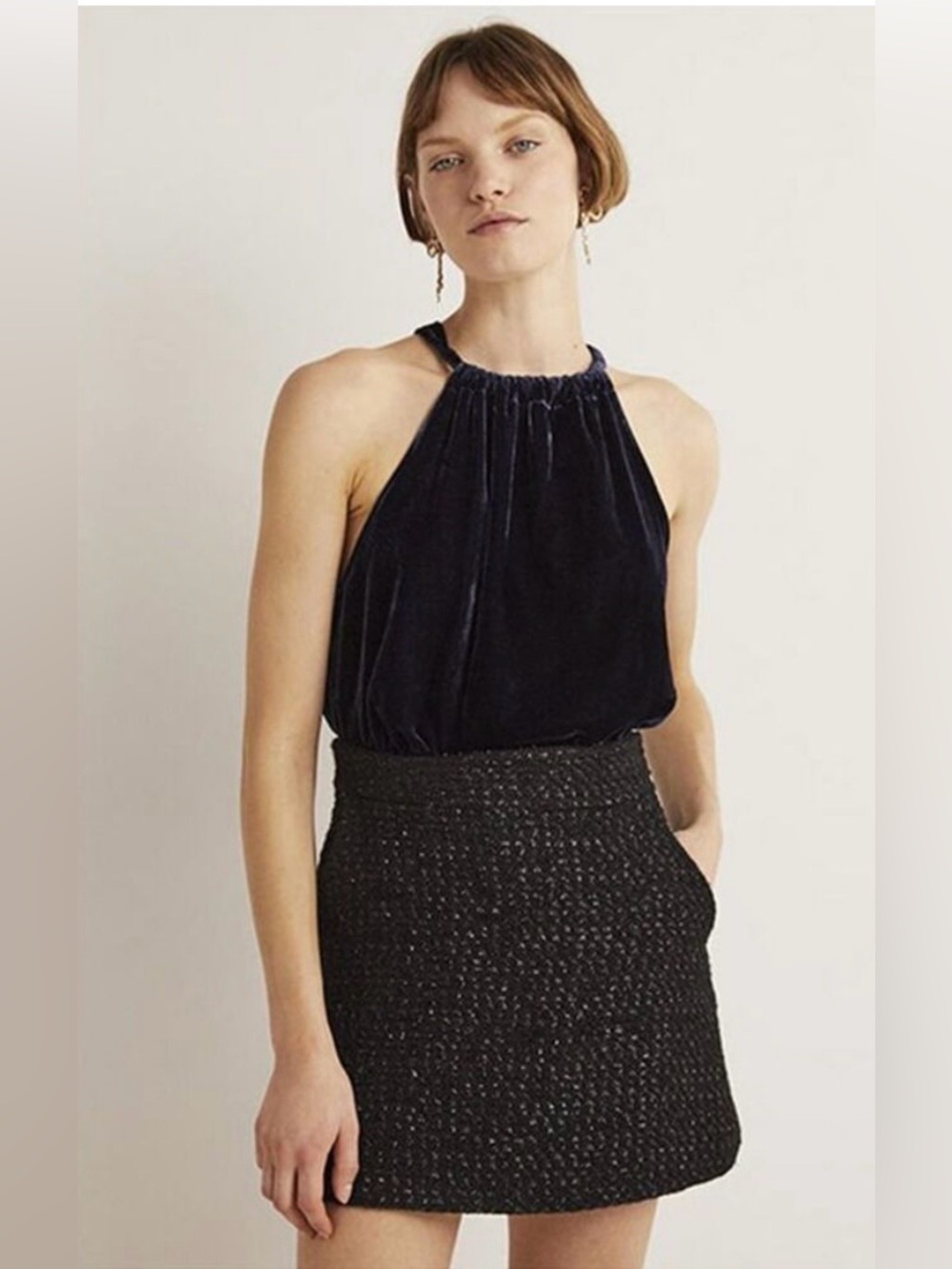 Boden Navy Blue Velvet Halterneck Halter Top Blouse Sz 16-18